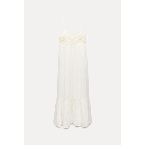 NWTGS ZARA EMBROIDERED COTTON Oyster-white CHIFFON DRESS SZ M - Picture 1 of 5